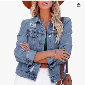 M,L ZOLUCKY Womens Denim Jacket Distressed Frayed Ripped Jean Jacket Casual